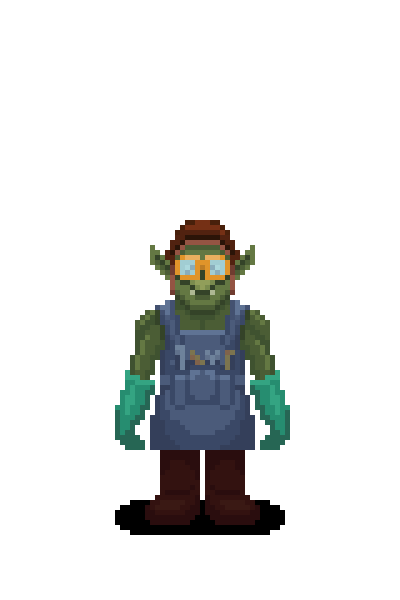 Animated green alchemist vendor in an apron and round goggles