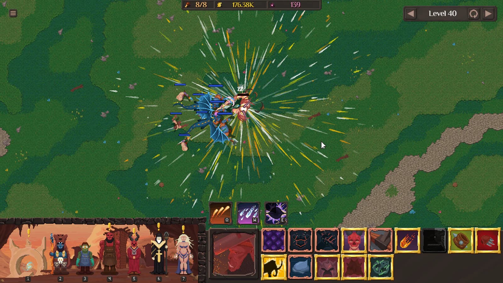 Warband surrounded by a bright radial Fireball burst on green terrain