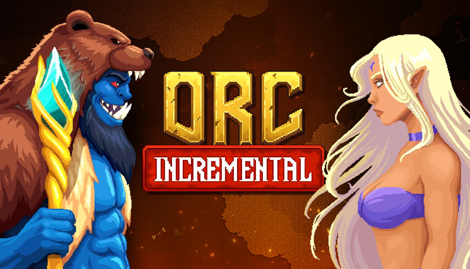 Orc warrior and pale elf facing across the gold Orc Incremental title