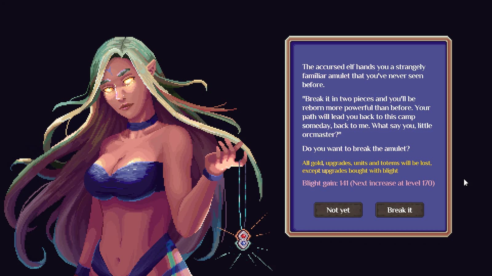 Accursed Elf presenting the amulet-breaking choice for Dark Rebirth