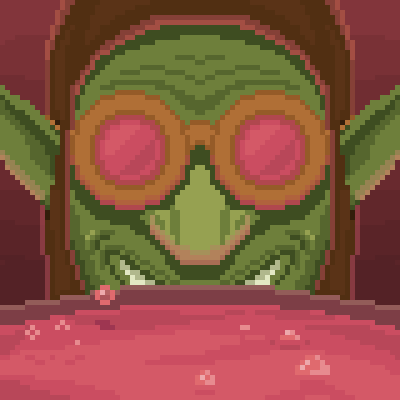 Animated green alchemist wearing pink goggles over a bubbling vat