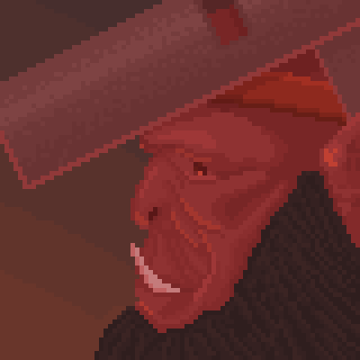 Animated blacksmith portrait lit red beneath the brim of a broad hat