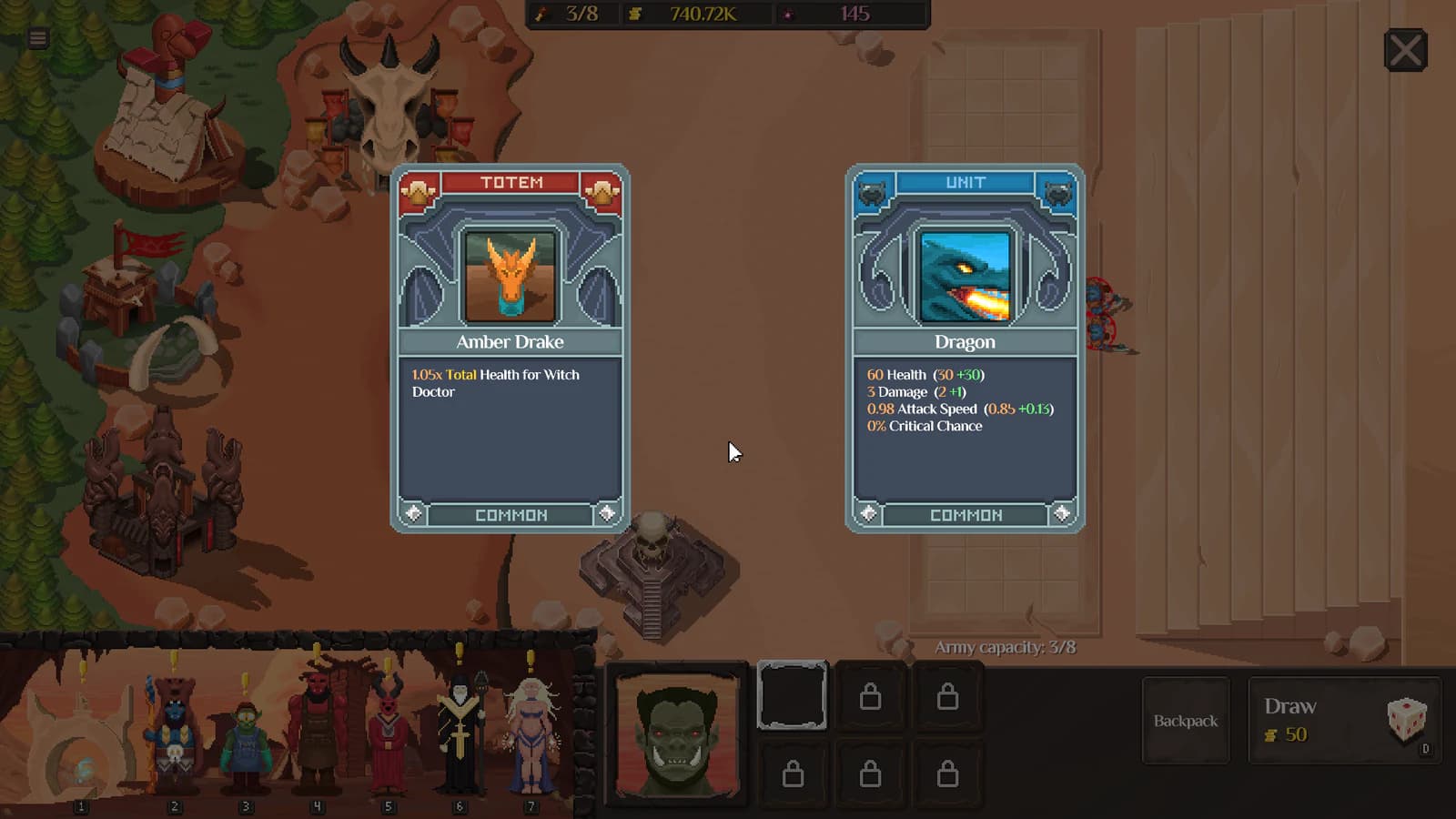 Card draw offering an Amber Drake totem and a Dragon unit at the base