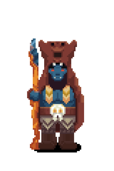 Animated High Shaman vendor holding a staff in a tall bear headdress