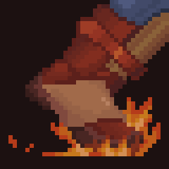 Pixel-art axe striking the ground in a small burst of orange flame