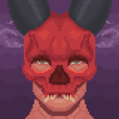 Animated red-skinned acolyte portrait with dark horns and purple smoke