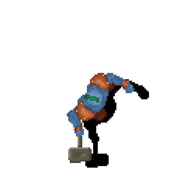 Animated blue-armored orc warrior charging forward with a raised hammer